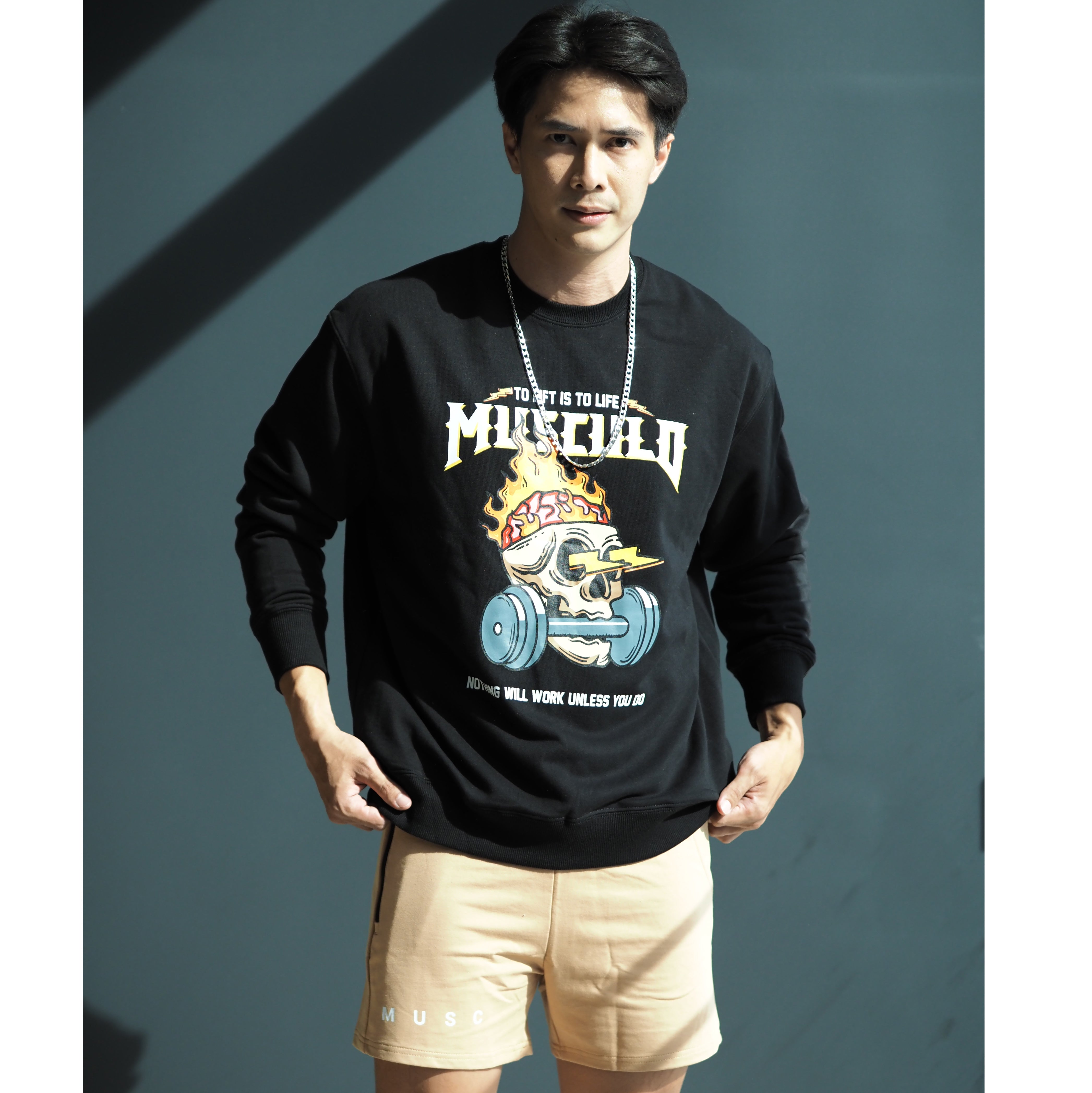 Musculo terry sweater : Frying skull printed - Black